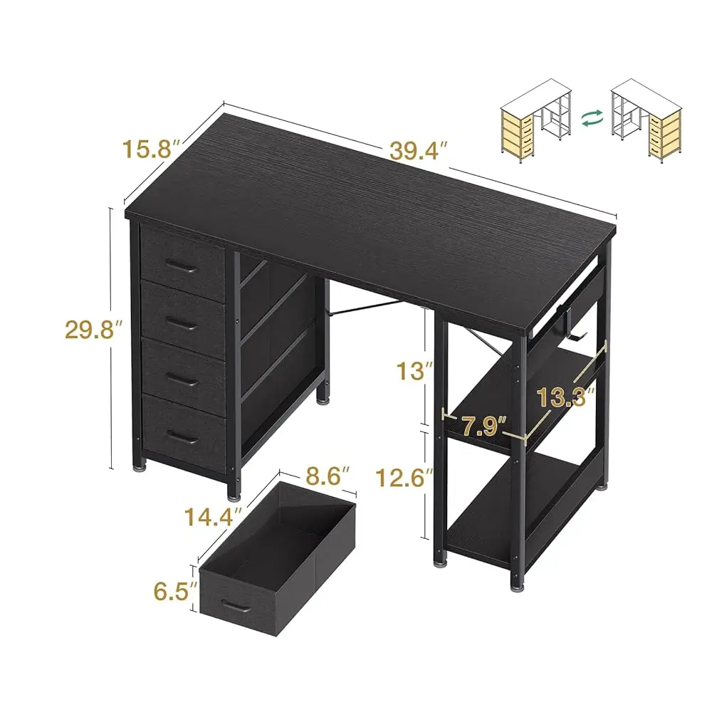 40 H Small Computer Desk With 4 Fabric Drawers, Modern Writing Pc Desk For Small Spaces, Study & Home Office Desk With Storage