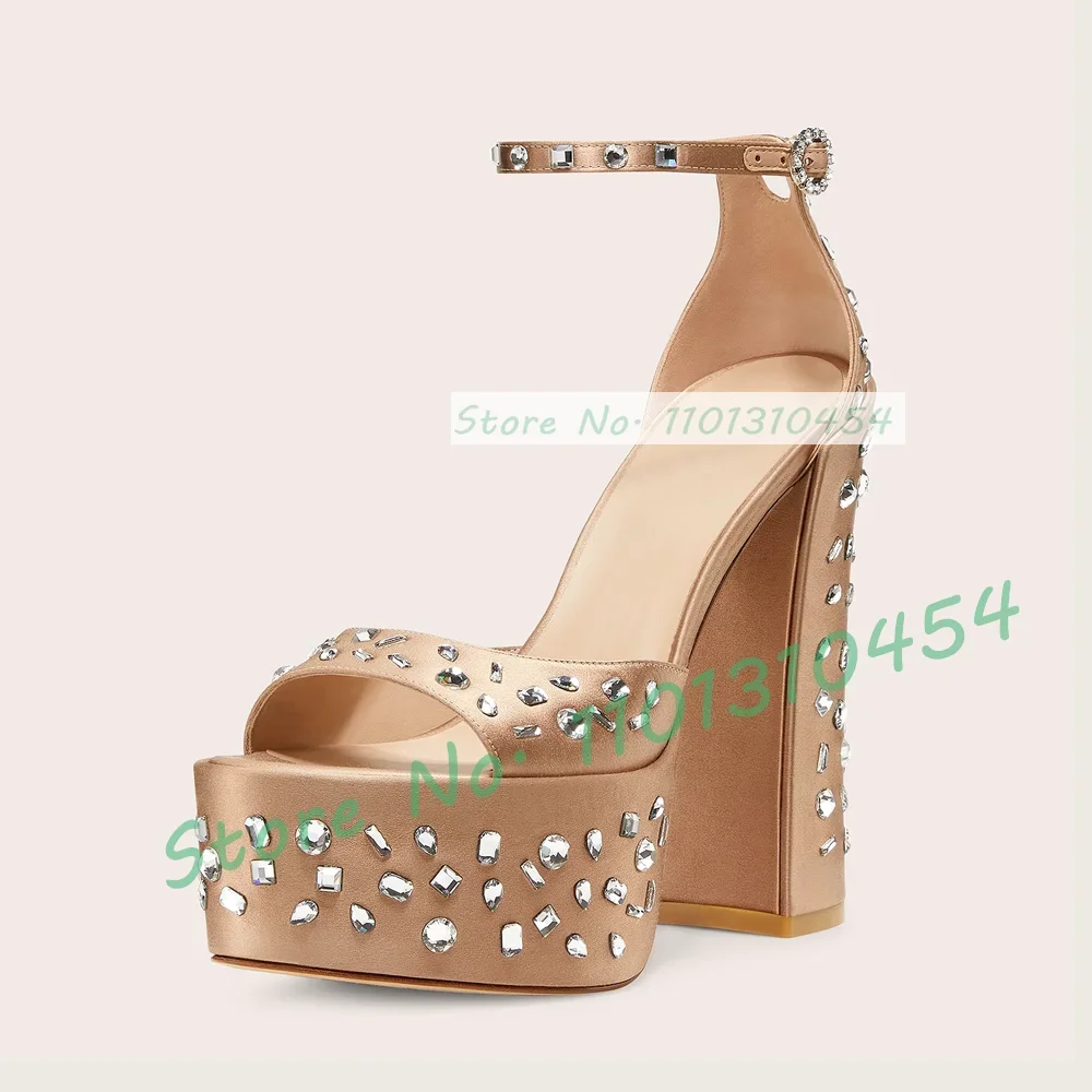 Shiny Gems Satin Platform Sandals Women Luxury Crystal Buckle Block Heel Ankle Strap Shoes Ladies Trending Round Toe New Pumps