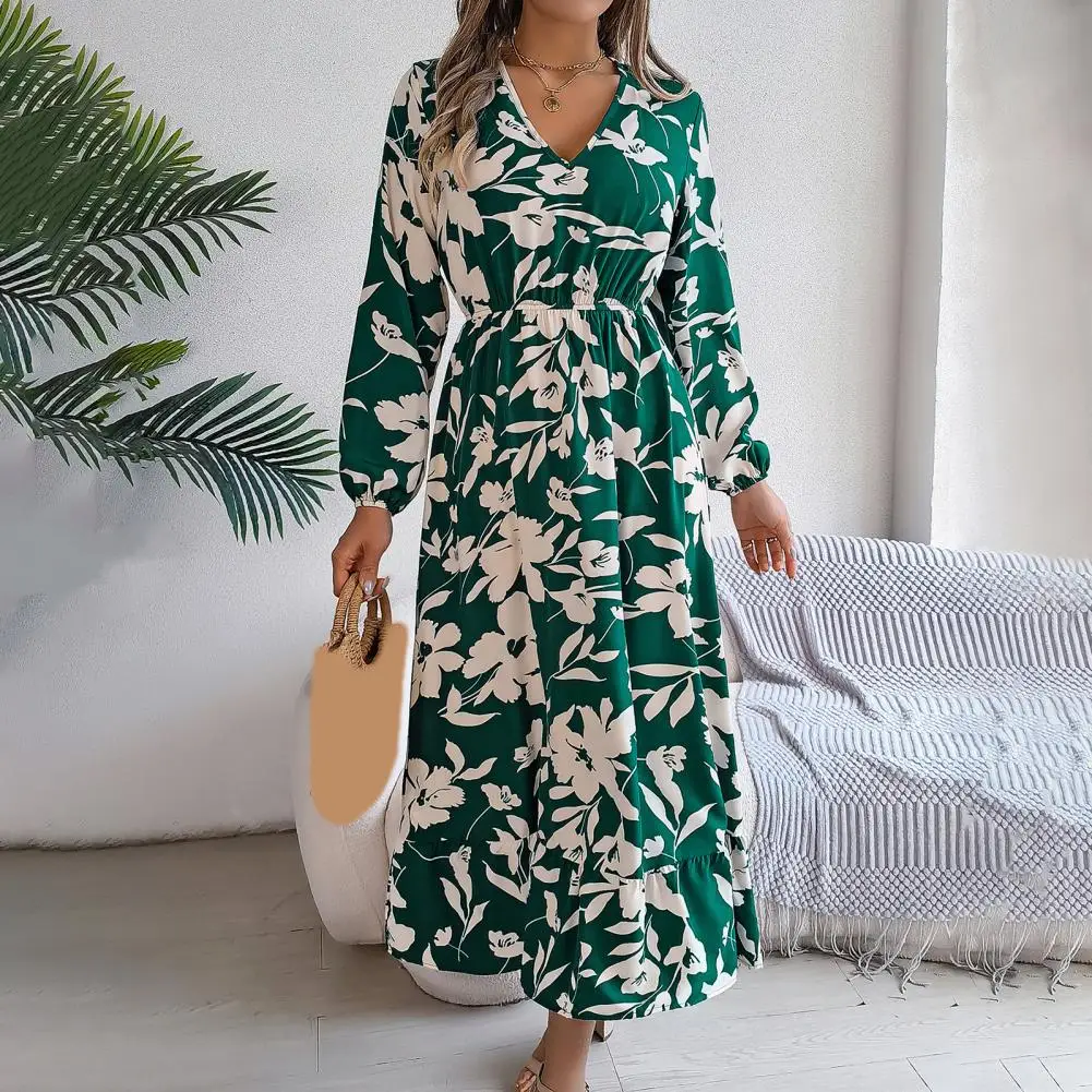 Printed Dress Elegant Floral Print V Neck Midi Dress with Ruffle Hem Women's Spring Fall A-line Dress for Dating Shopping Floral