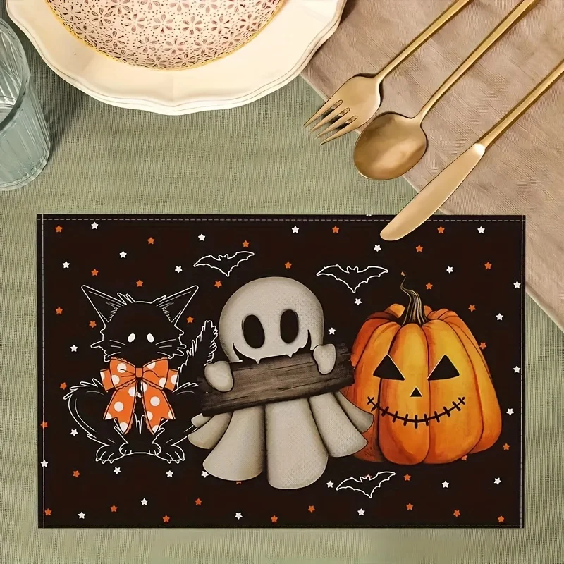 VIKAMA 4-Piece Halloween Black Cat Ghost Placemats Halloween Party Family Gathering Theme Restaurant Decor