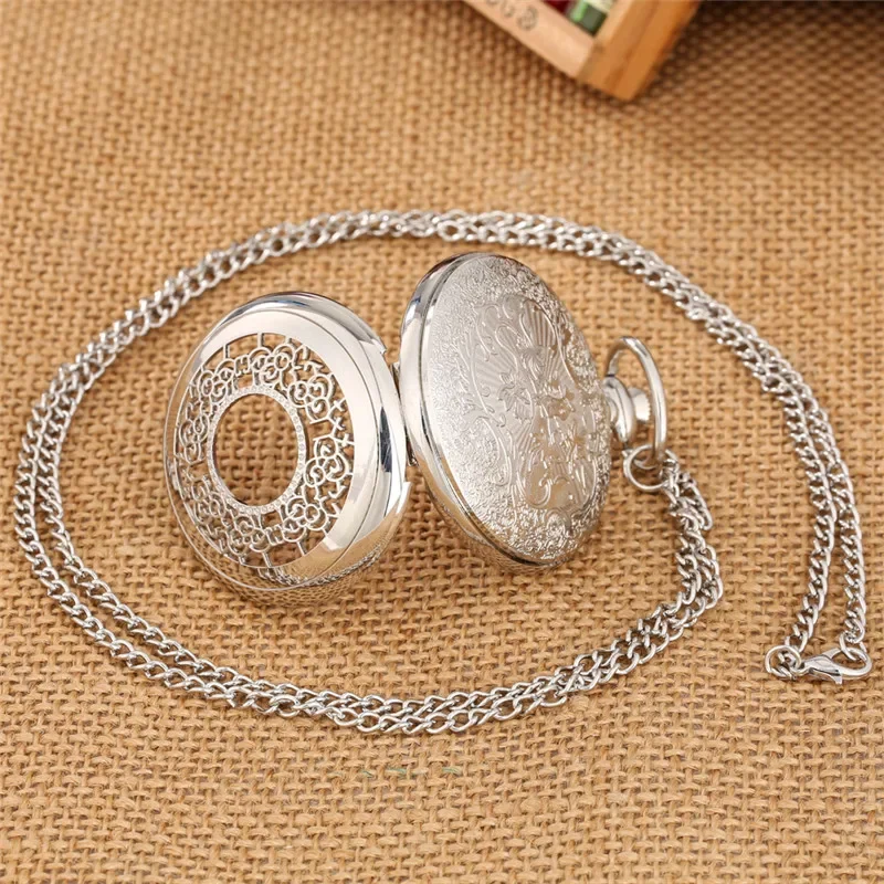 Silver Hollow Out ดอกไม้โรมันควอตซ์นาฬิกาพ็อกเก็ตนาฬิกาผู้หญิงเลดี้ที่มีสีสันสร้อยคอจี้ reloj