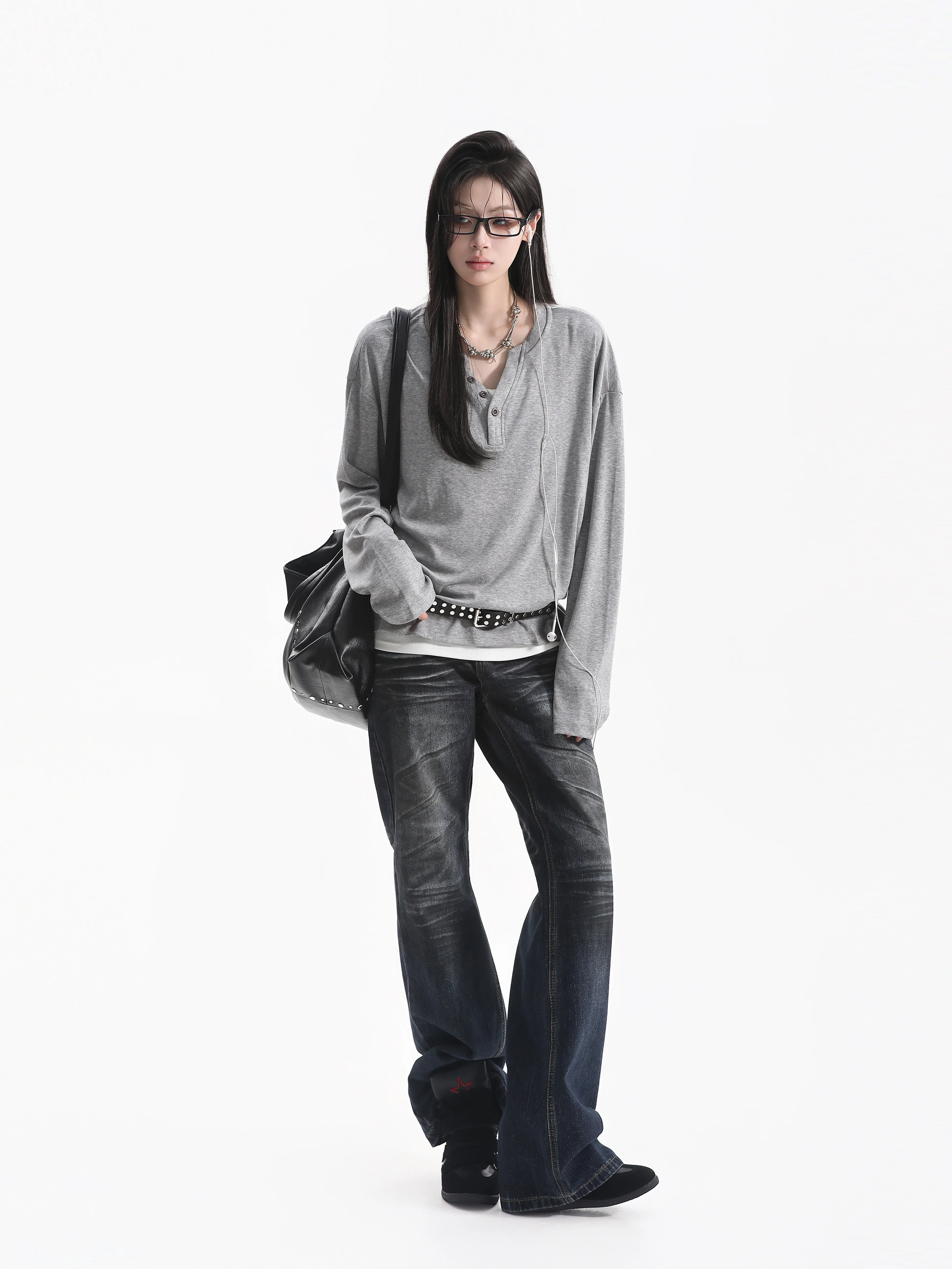 Early Autumn Korean Style Lazy Henry Collar Long Sleeve Neutral Form Draping Shape Base Shirt T-Shirt Casual Loose Fit Pure C...
