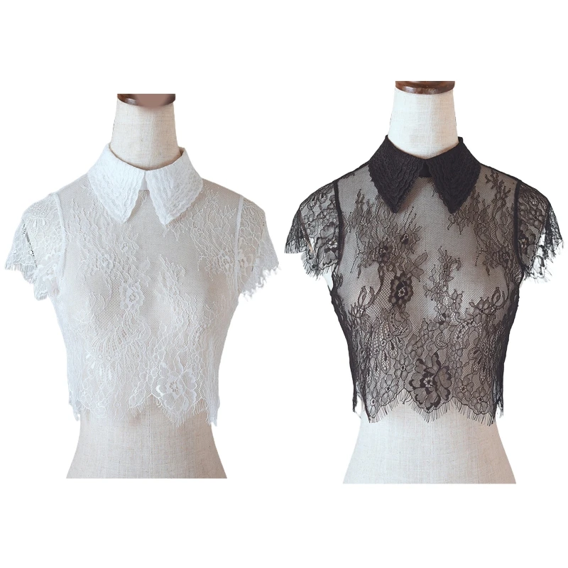 

Women Eyelash Trimmed Floral Lace False Fake Collar Cap Sleeves See-Through Lapel Detachable Half Shirt Blouse Solid Color Crop