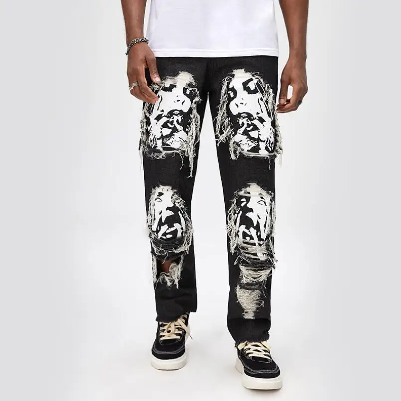 Hip Hop Skull printing Jeans Men Straight Baggy Loose Denim Trousers Streetwear Men Clothing Plus Size Jeans 2024 w800