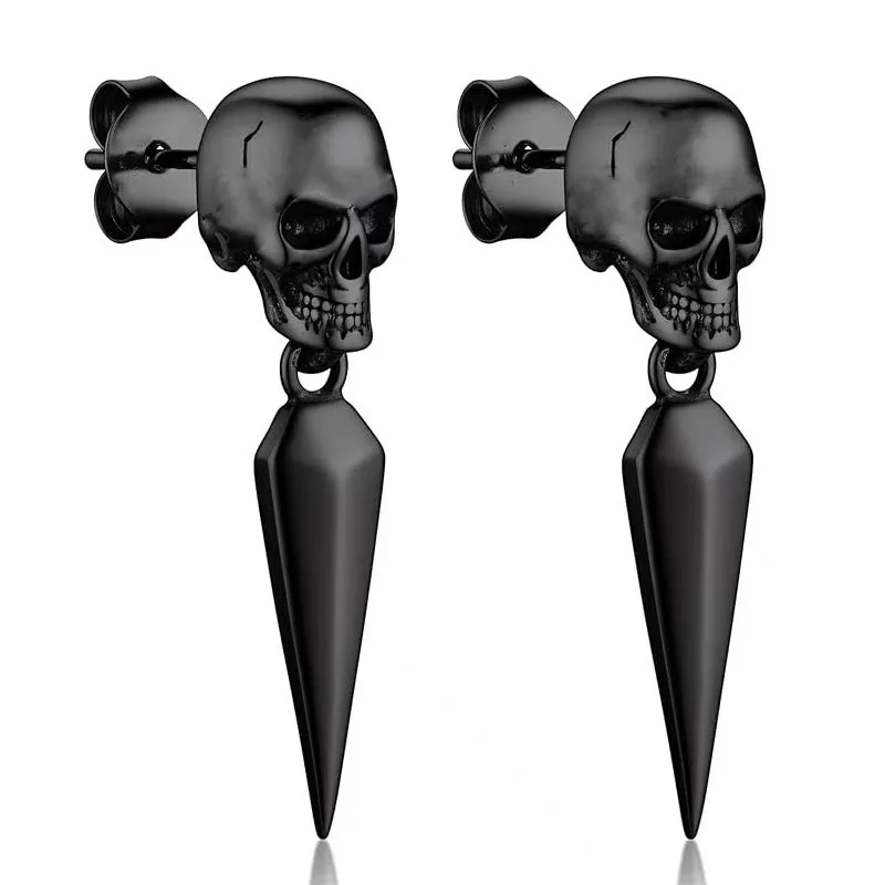 1 pair of men's earrings European and American retro personality dark series Gothic punk Skull cone trend earrings unisexes jewe