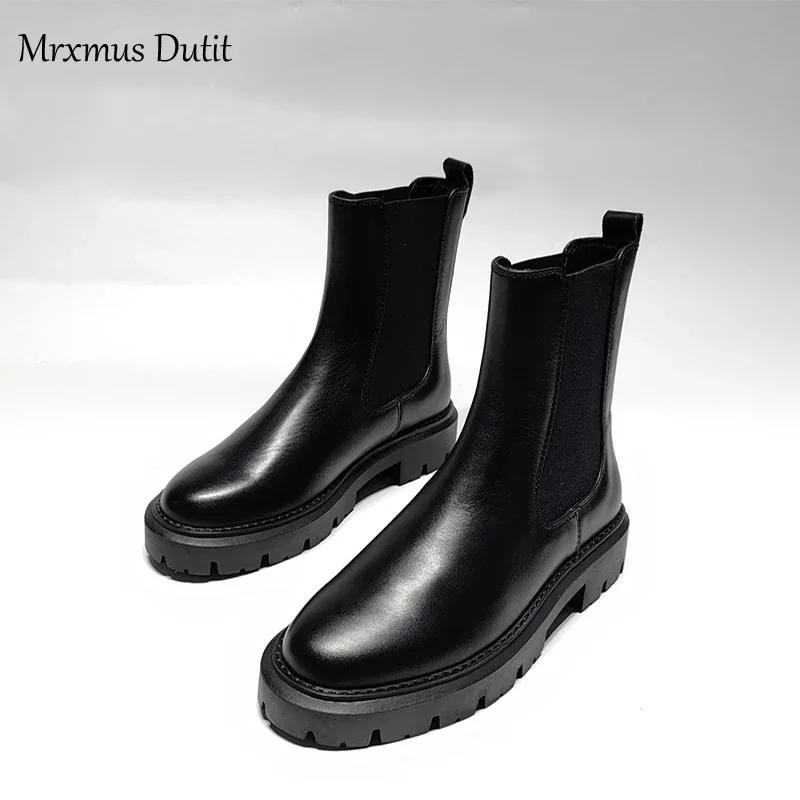 Mrxmus Dutit 2024 Autumn New Fashion Women England Style Genuine Leather Thick Sole Boots Solid Simple Chelsea Shoes Female