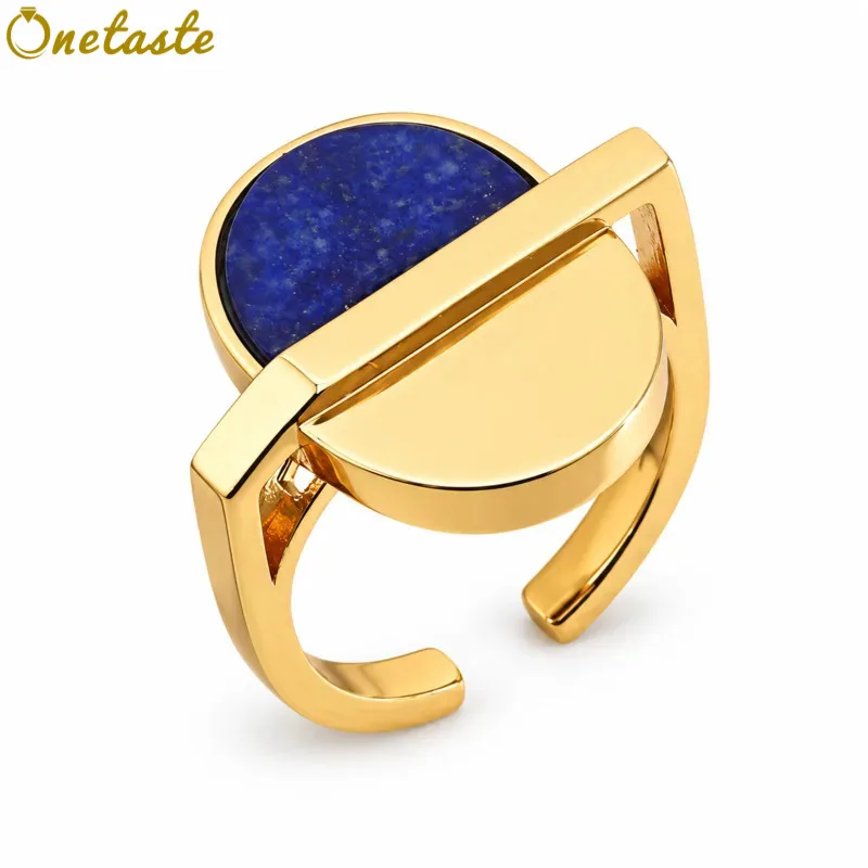 925 Silver 18K Gold Plated Lapis Lazuli Rings Big Oval Surface Daisy Flower Open Rings Trendy Dainty Statement Adjustable Ring