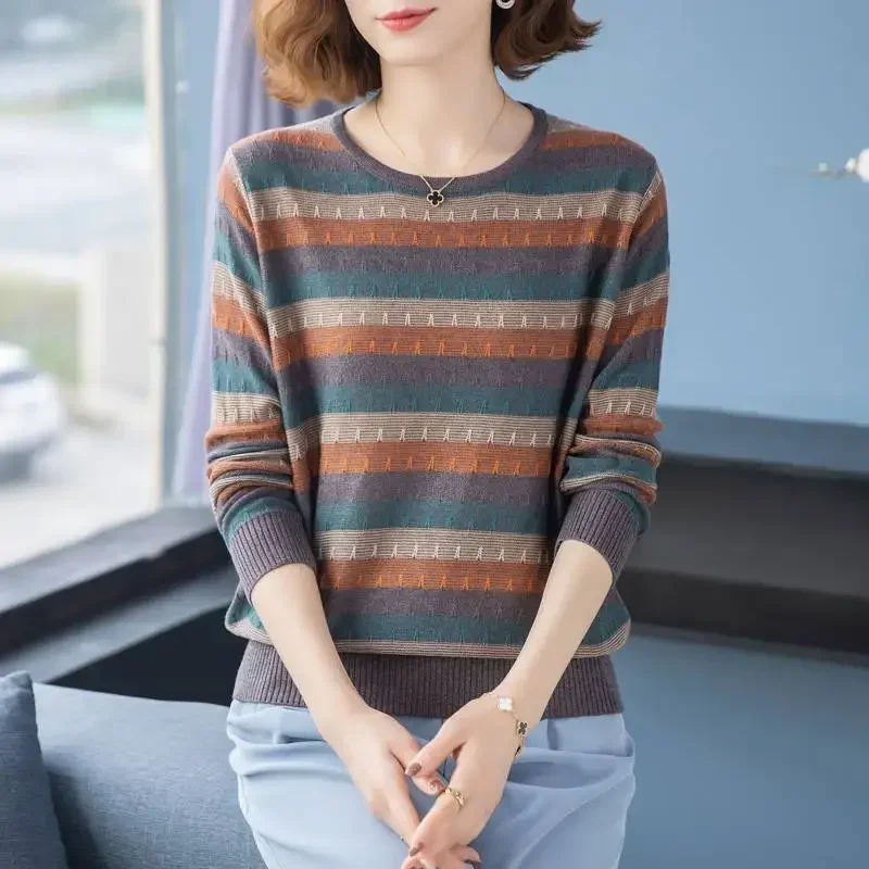 

Spring Autumn Fashion Striped Long Sleeve Loose Sweaters for Female Trend Vintage Patchwork T-shirt Women's Clothing E275