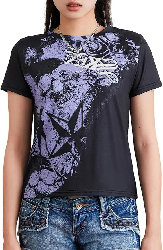 Purple Y2K Graphic Short-Sleeved Women American Vintage High Street Tops Korean Fashion Trend Baggy T-Shirt
