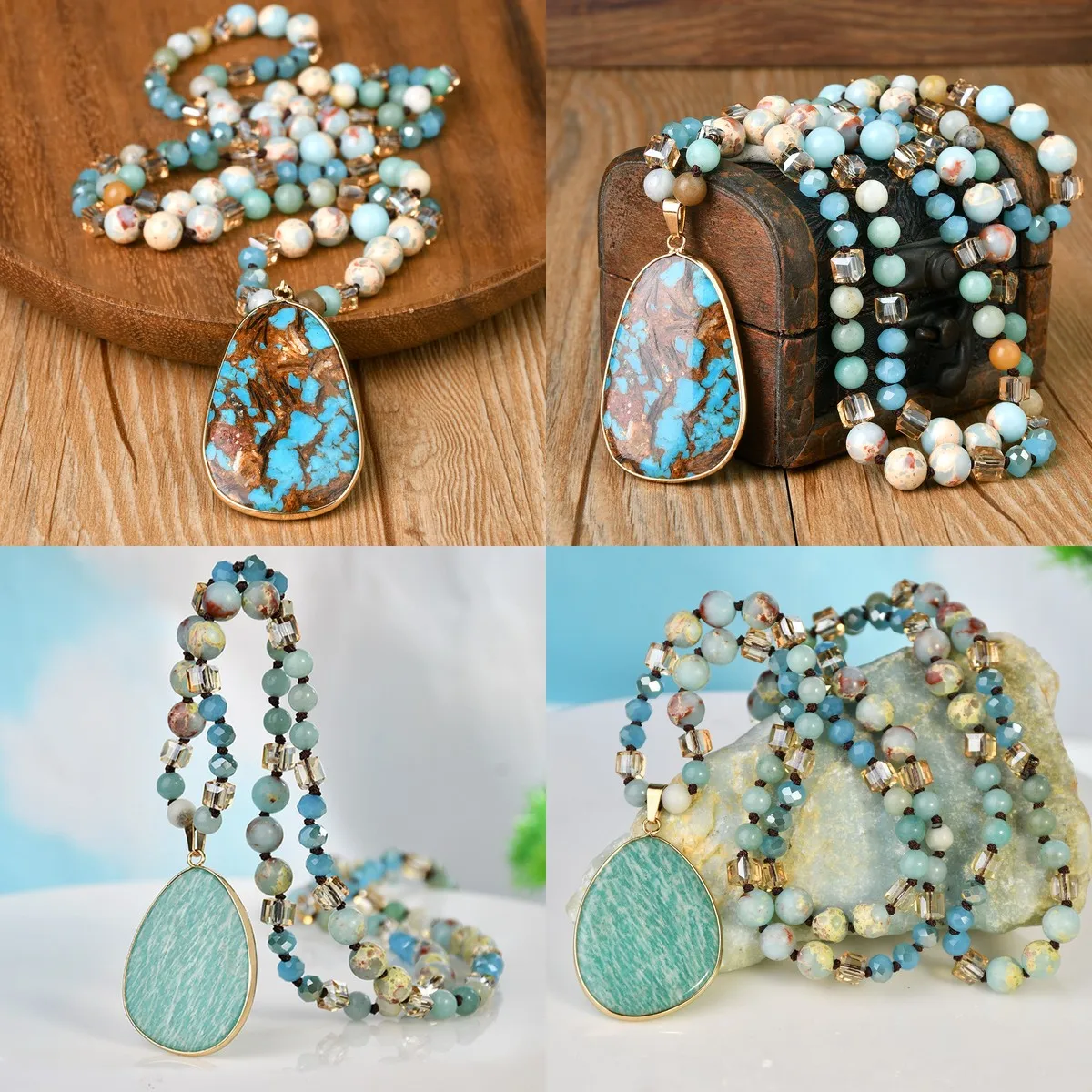 Hand-Knotted Imperial Stone Pendant Sweater Chain for Women – Long Luxury-Style Necklace with Amazonite, Fall/Winter Fashion