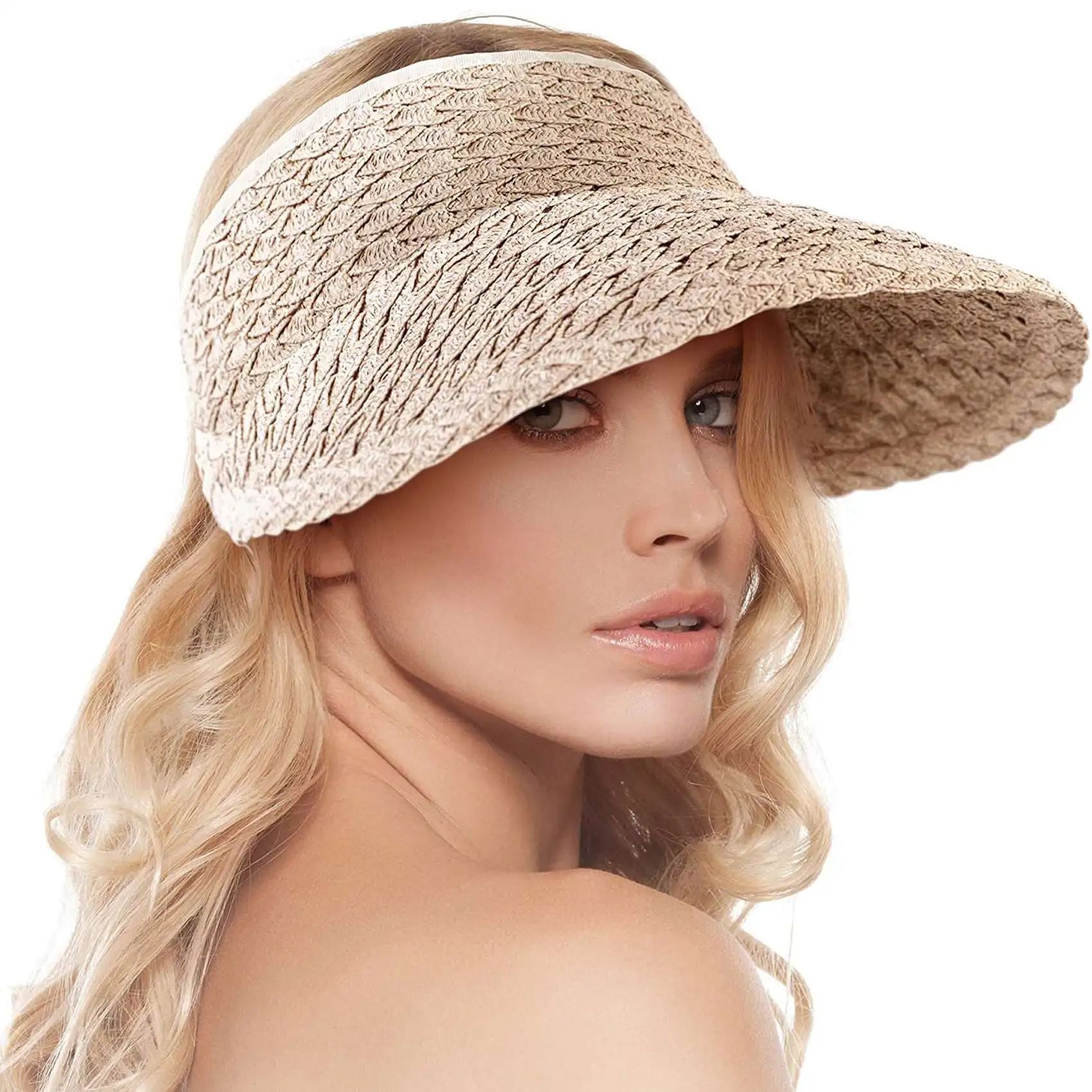 Women's Straw Empty Top Hat Wide Brim Sun Hats Roll-Up Foldable Straw Golf Visor Hat Beige