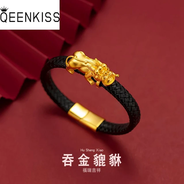 QEENKISS 24KT Gold PIXIU Bracelet For Men Fortune Leather Bangle Fine  Wholesale Jewelry Wedding Party Broom Father Gift BT5281 - AliExpress