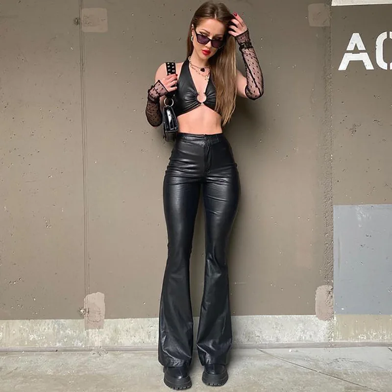 Women Vintage PU High Waist Flare Pants Stretch Slim Faux Leather Trousers Bell-bottoms Ladies Sexy Bodycon Black Pants Clubwear