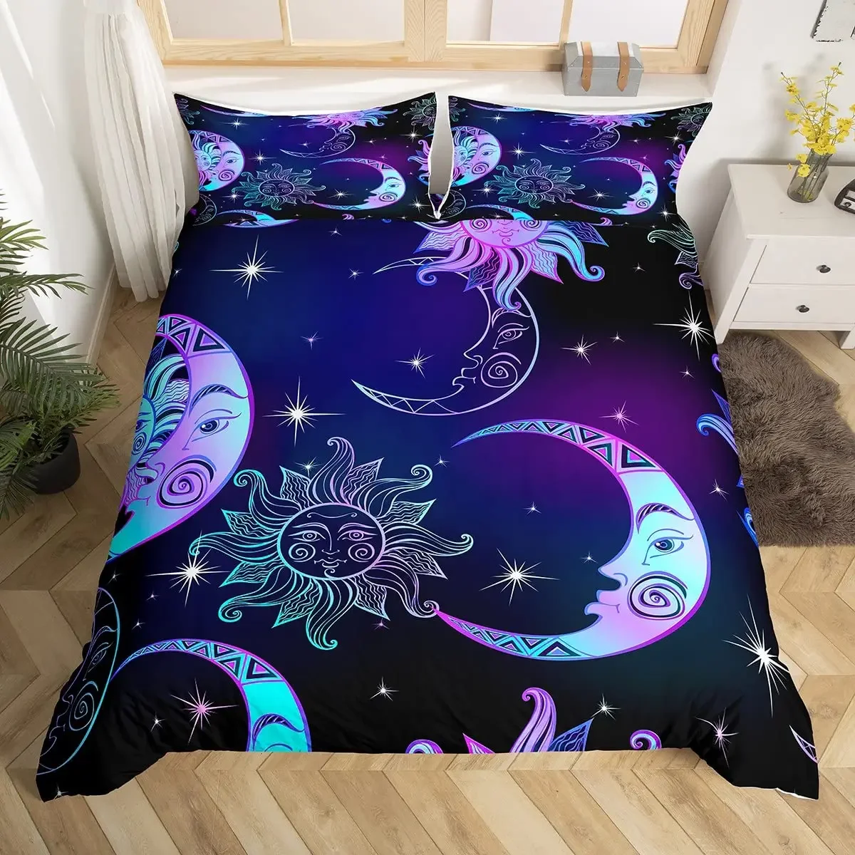 Sun Moon King Queen Duvet Cover Stars Space Psychedelic Bedding Set Galaxy Sky Quilt Cover Botanical Polyester Comforter Cover