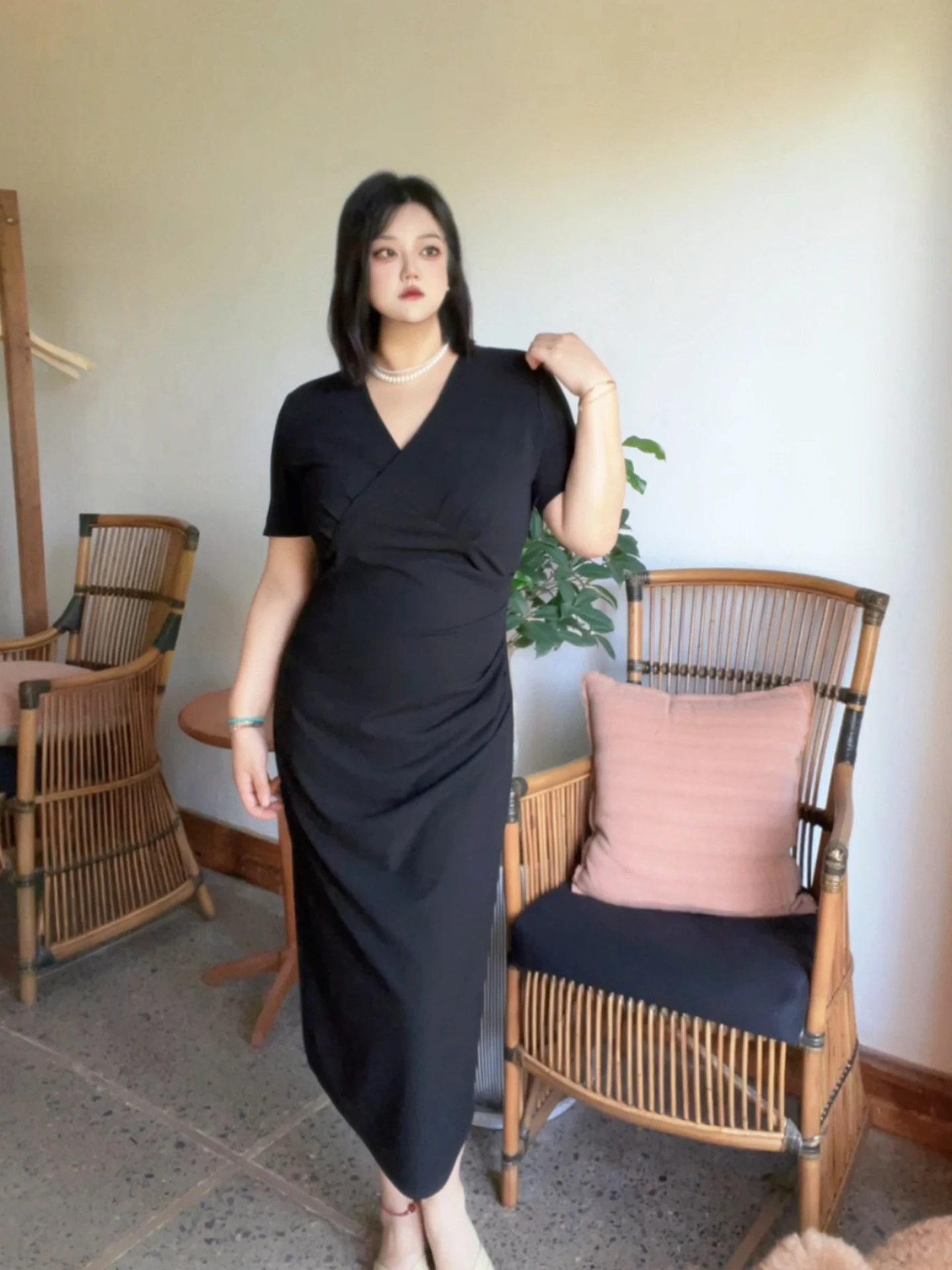 

plus Size Women's Bla V-Ne Waist-Cinched Dr Summer Slimming Split A-Line Long Skirt High Waist Polyester Fiber Casual ...