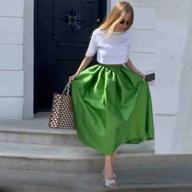 

Green Skirts Satin Skirt Saia Mid-Calf Lady Skirt Women Formal Occasion Wear Girls Party Gowns