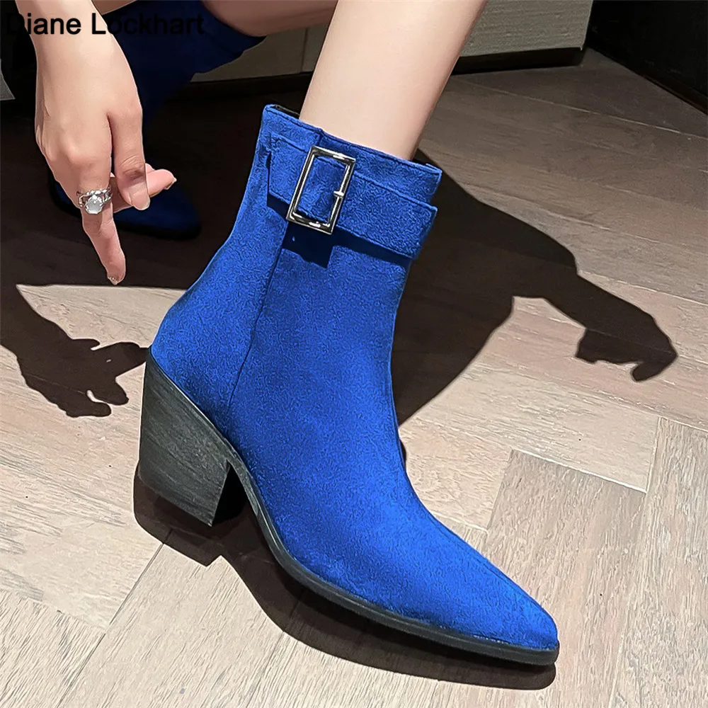 

New Autumn Winter Women Western Cowgirl Chelsea Boots Buckle Slip-on European Cossacks Ladies shoes Flock High Heels Booties