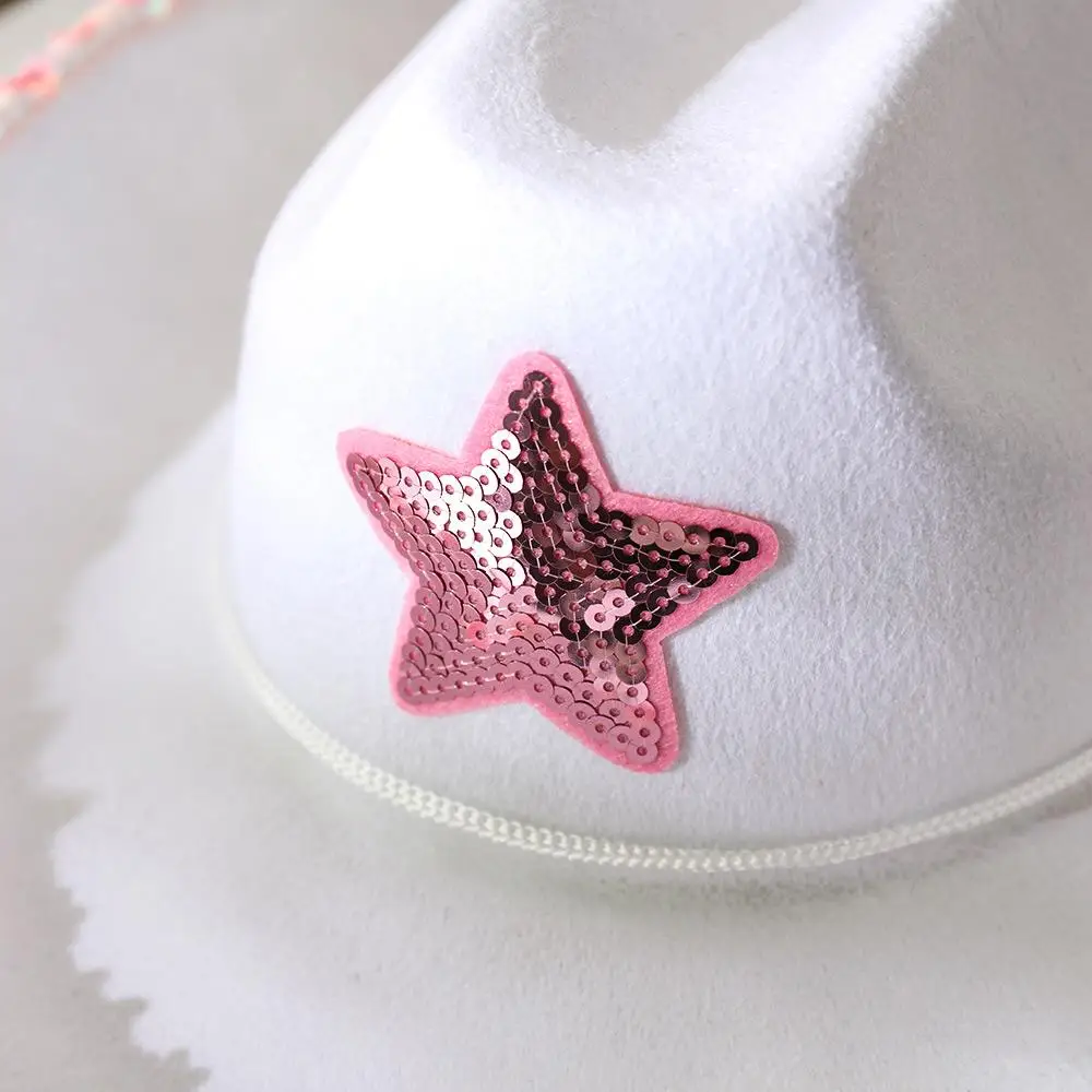 Pink Star White Cowgirl Hat Sequin Trim Fringe Cow Girl Hat Adjustable Cowboy Hat Neck Draw String Costume Party Play Dress-Up