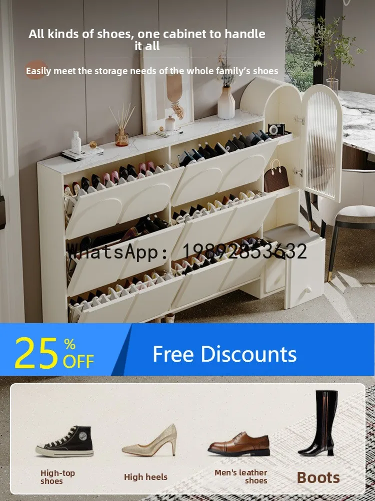 YFY Cream Style Ultra-Thin Shoe Cabinet for Home  2025 New Hot-Selling Narrow 17cm Flip Shoe Cabinet with Integrated Stool