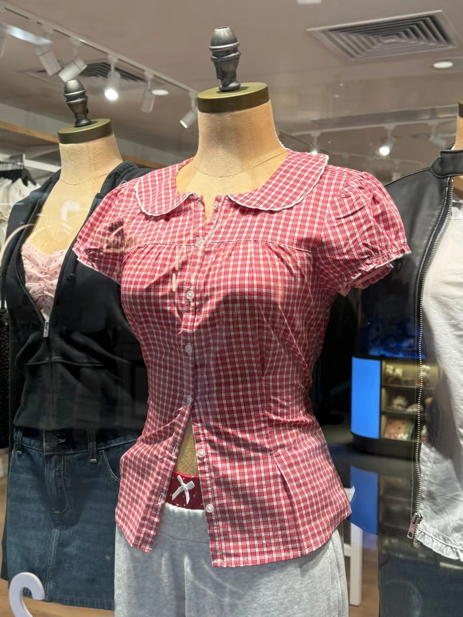 Summer Clothing Modest - Red Plaid Back Lace-up T-shirt Blouse