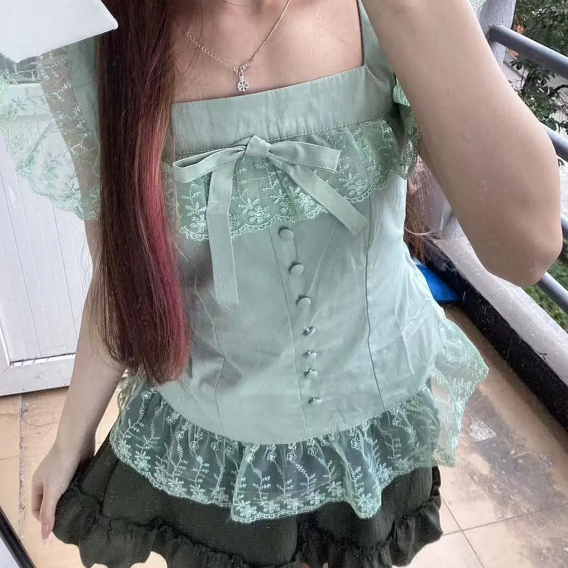 

Sweet Lace 2 Piece Set T-shirt Goth Womens Dresses Vintage Y2k Slim Punk Mini Skirt Harajuku 90s Japanese Sexy Summer Tees