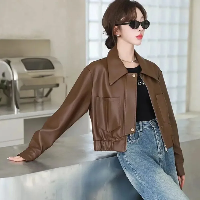 레트로 여성 롱 슬리브 가죽 재킷 2025 여성 숏 PU 가죽 탑 코트 봄 가을 여성 패션 인조 가죽 아우터