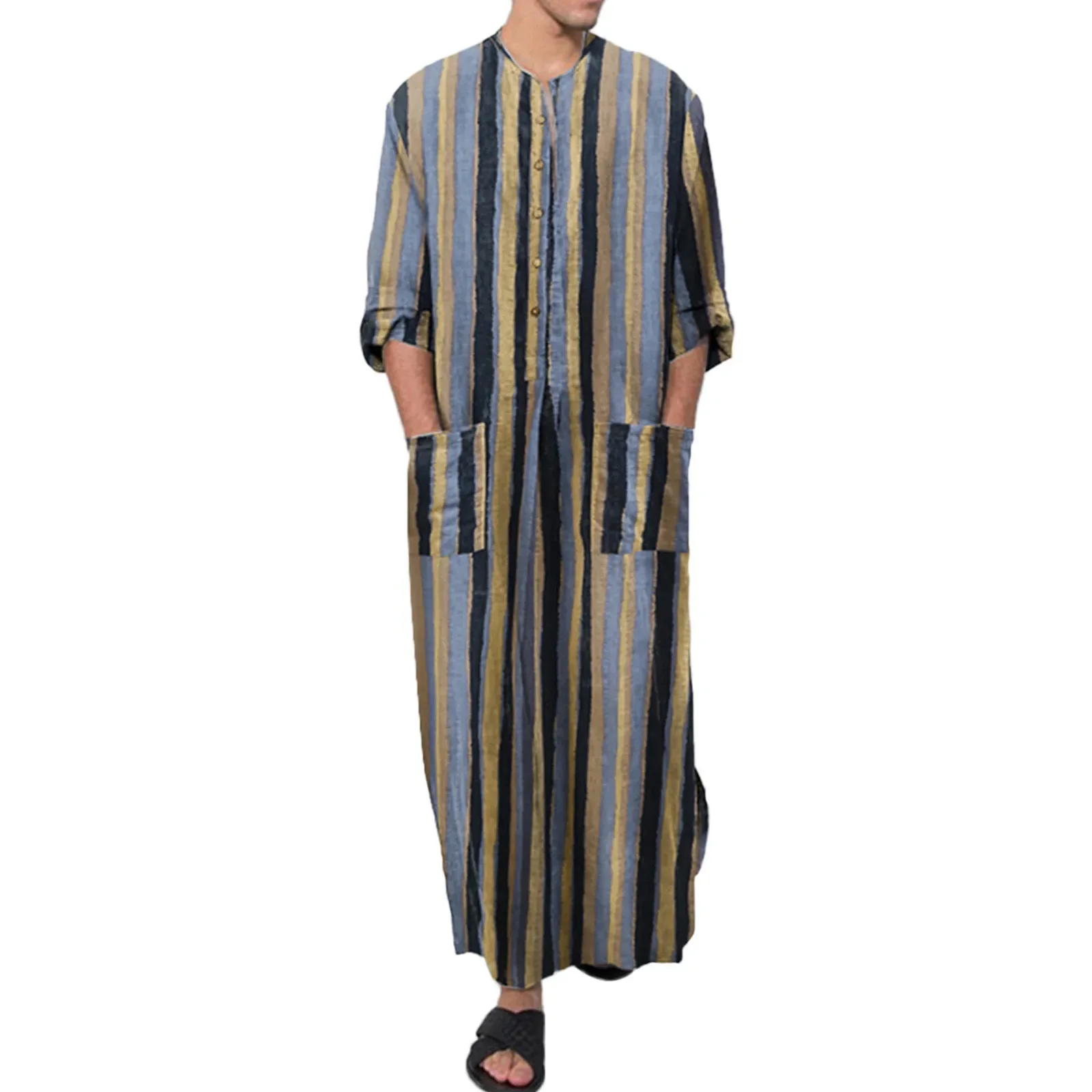 Robe ethnique vintage rayée pour hommes, manches longues, caftan musulman, col rond, boutons, Islam Thobe, poches, vêtements musulmans arabes de Dubaï