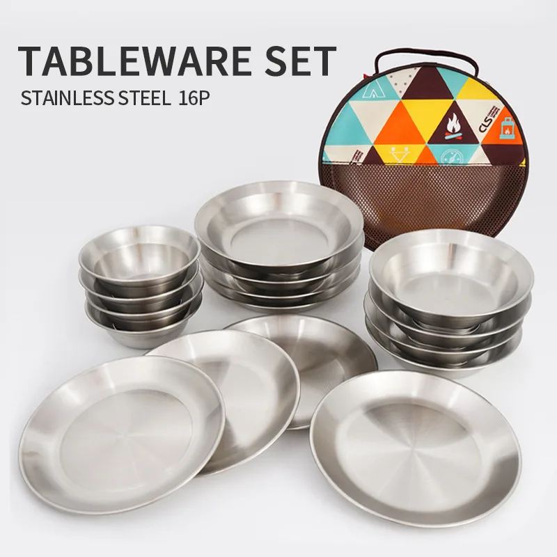 

16-piece Camping Tableware Outdoor Stainless Steel Dinner Plate and Bowl Set Portable Camping Barbecue Soup Basin