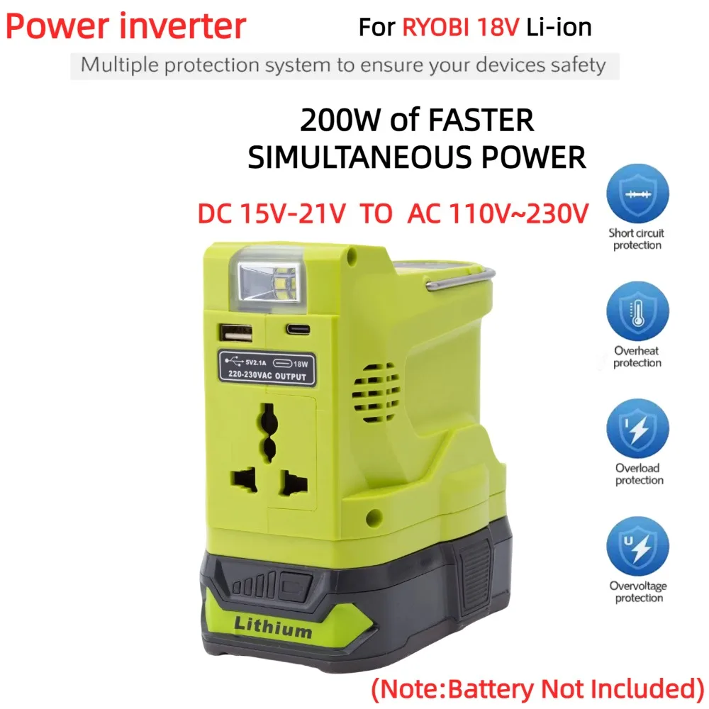 

200W Power Inverter for RYOBI 18V Lithium Ion Battery Adapter with 110V~230V AC Outlet with USB LED Light （No Battery）