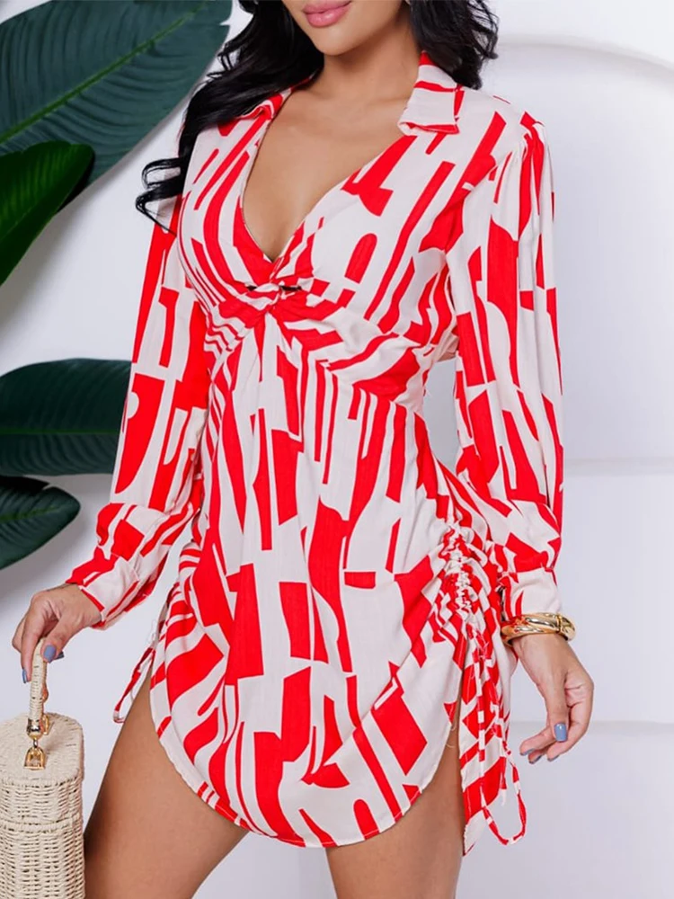 All Over Print Side Drawstring Shirt Dress