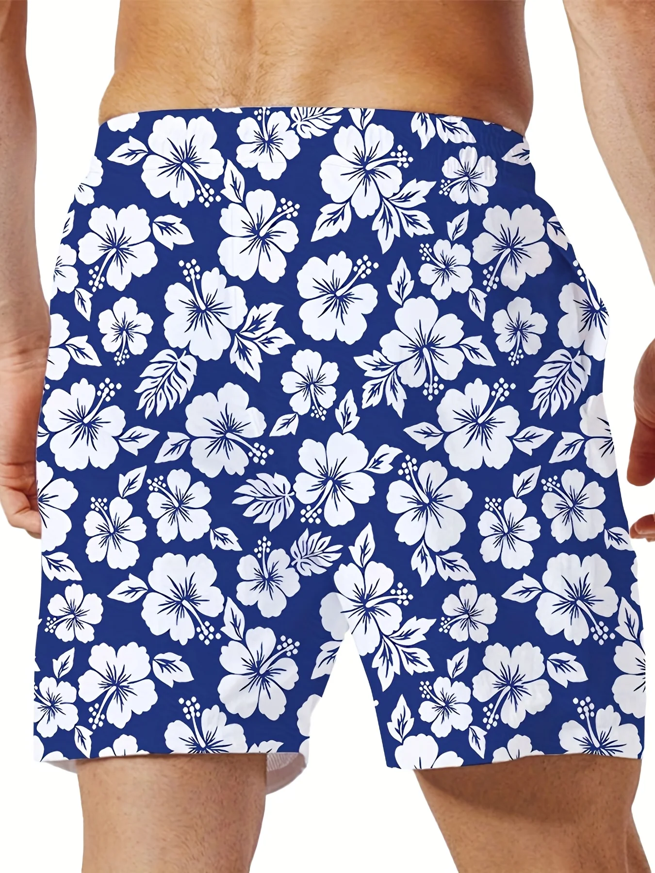 Mens Navy Hibiscus Floral Print Quick Dry Board Shorts Elastic Drawstring Swim Trunks Summer Beach Casual Outfit