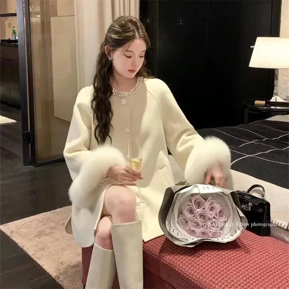 

Woolen Coat Double-sided Cashmere Coat Women 2024 New Autumn Winter Korean Beaded Fox Fur Jacket Real Fox Fur Jacket Female