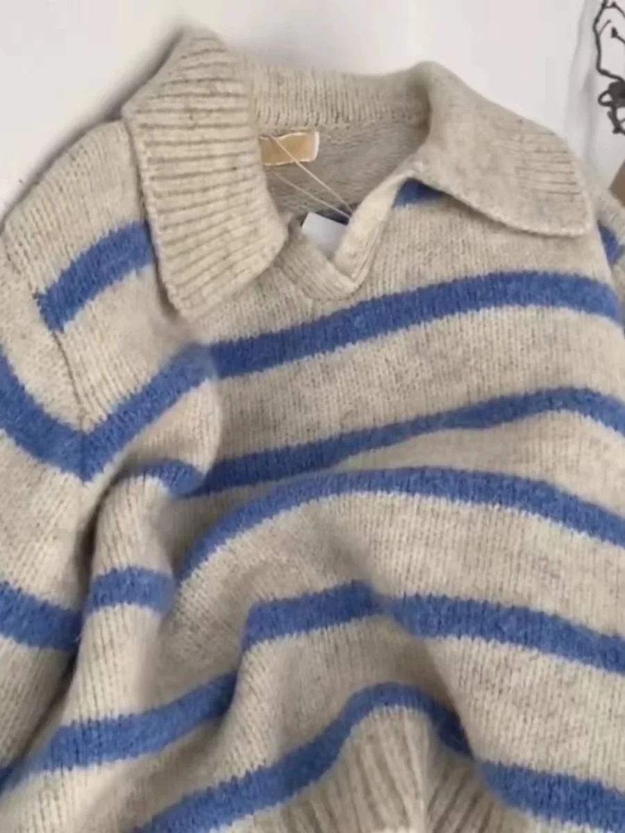 ソフトロングスベニットセーター女性の秋冬怠惰なオーバーヘッドブルーストライプ襟セーター快適なポリエステル繊維