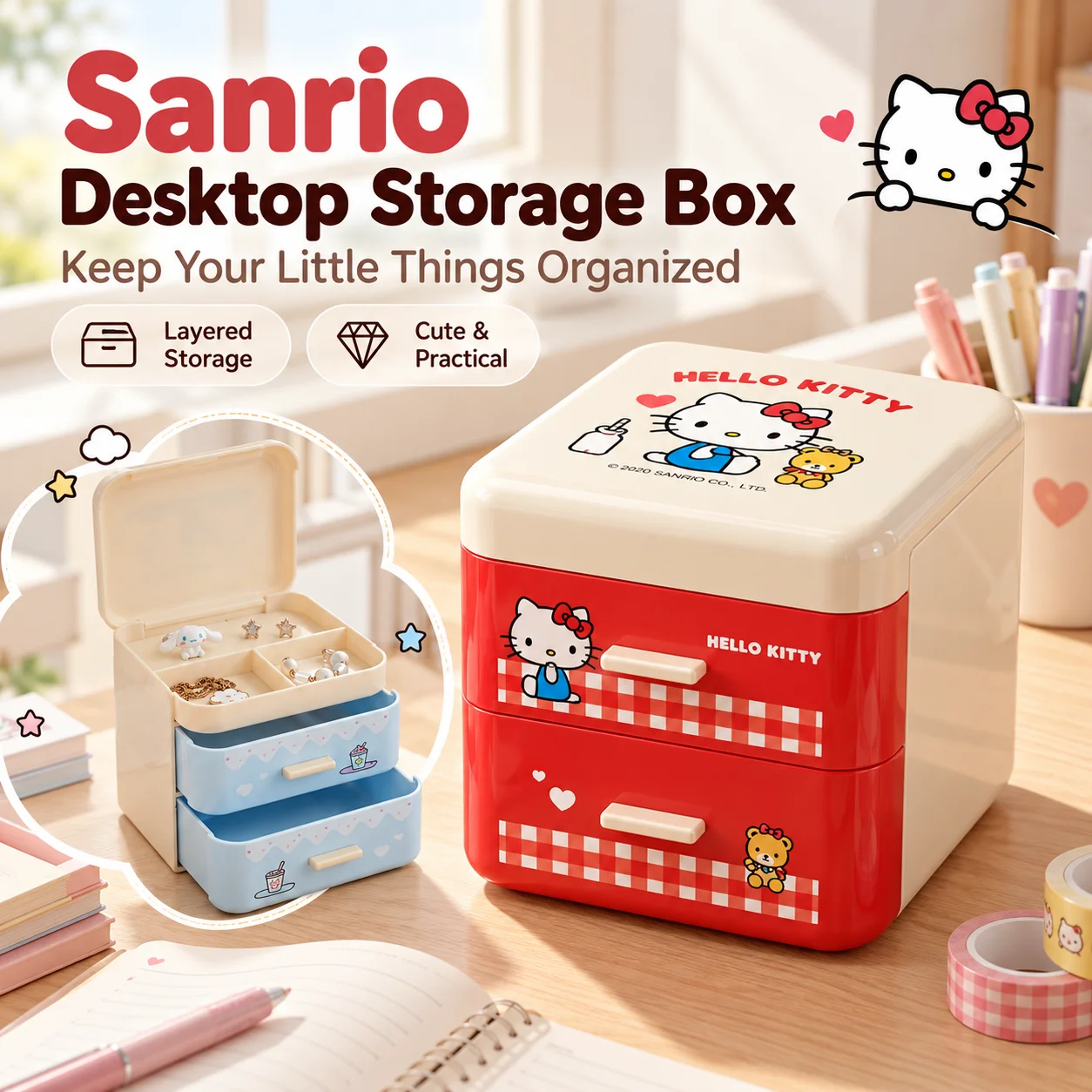 Caixa de mesa Sanrio MyMelody com duas gavetas, organizador de joias, recipiente fofo para acessórios de cabelo, organizador de mesa para dormitório, presente decorativo.