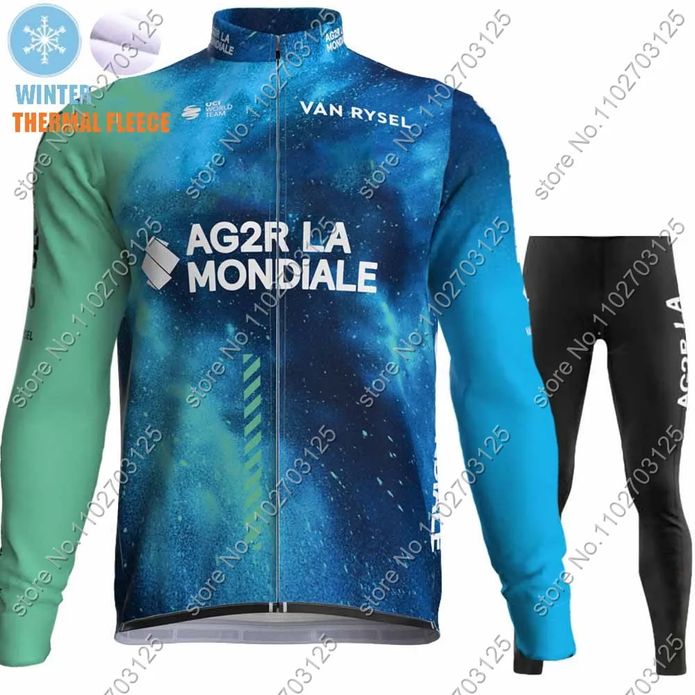 Ag2r Team 2024 Cycling Jersey Set Winter Thermal Fleece Blue France Clothing Long Sleeve Road Pants Bib Bike Suit MTB Maillot