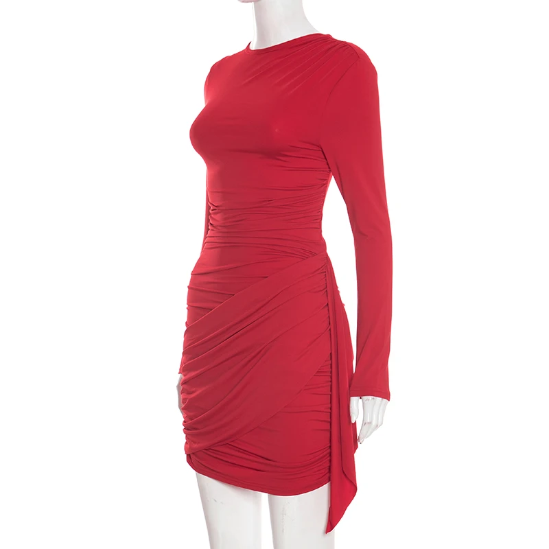 Einfarbiges, plissiertes Kleid mit langen Ärmeln, tailliertem Schnitt und schmaler Passform, kurzes Kleid mit elegantem Flair. – Detail 23