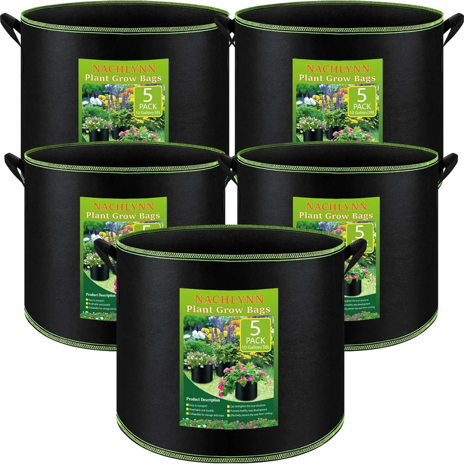 

5-Pack 10 Gallon Grow Bags with Handles Thickened Nonwoven Fabric Pots for Vegetables Fruits Flowers Heavy Duty Aeration