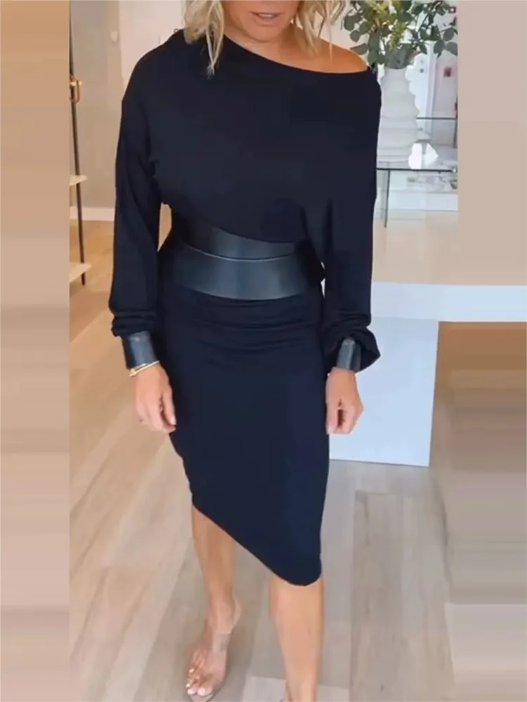 فساتين سوداء غير رسمية خريف جديد أزياء نسائية أنيقة + فستان بحزام جلدي للنساء فساتين حفلات العطلات رداء فام #6