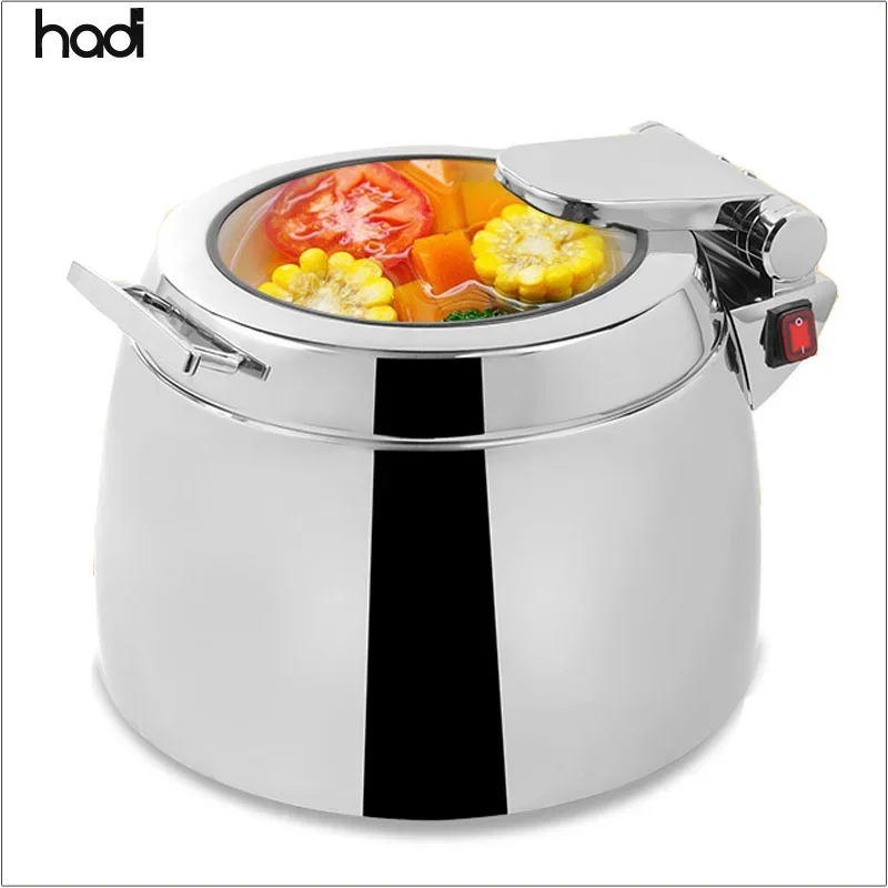 11L Stainless Steel Electric Soup Pot with round Glass Lid Hydraulic Food Warmer for Hotel Buffet Restaurant Use Chafer Kettle