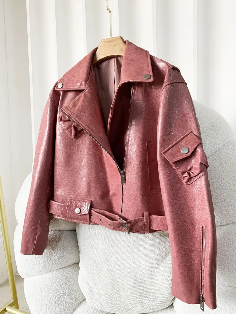 Spring Autumn New Women Turn Down Collar Zipper Sashes Genuine Leather Jacket Office Ladies Real Sheepskin Locomotive Short Coat