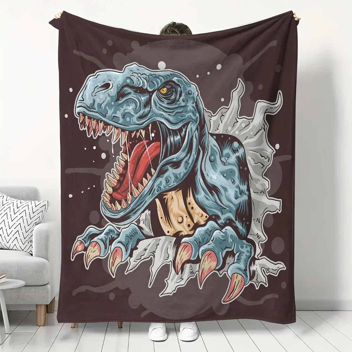 Dinosaur Skull Print Throw Blanket Cool Roaring Jurassic Reptile Art Home Decor Gift