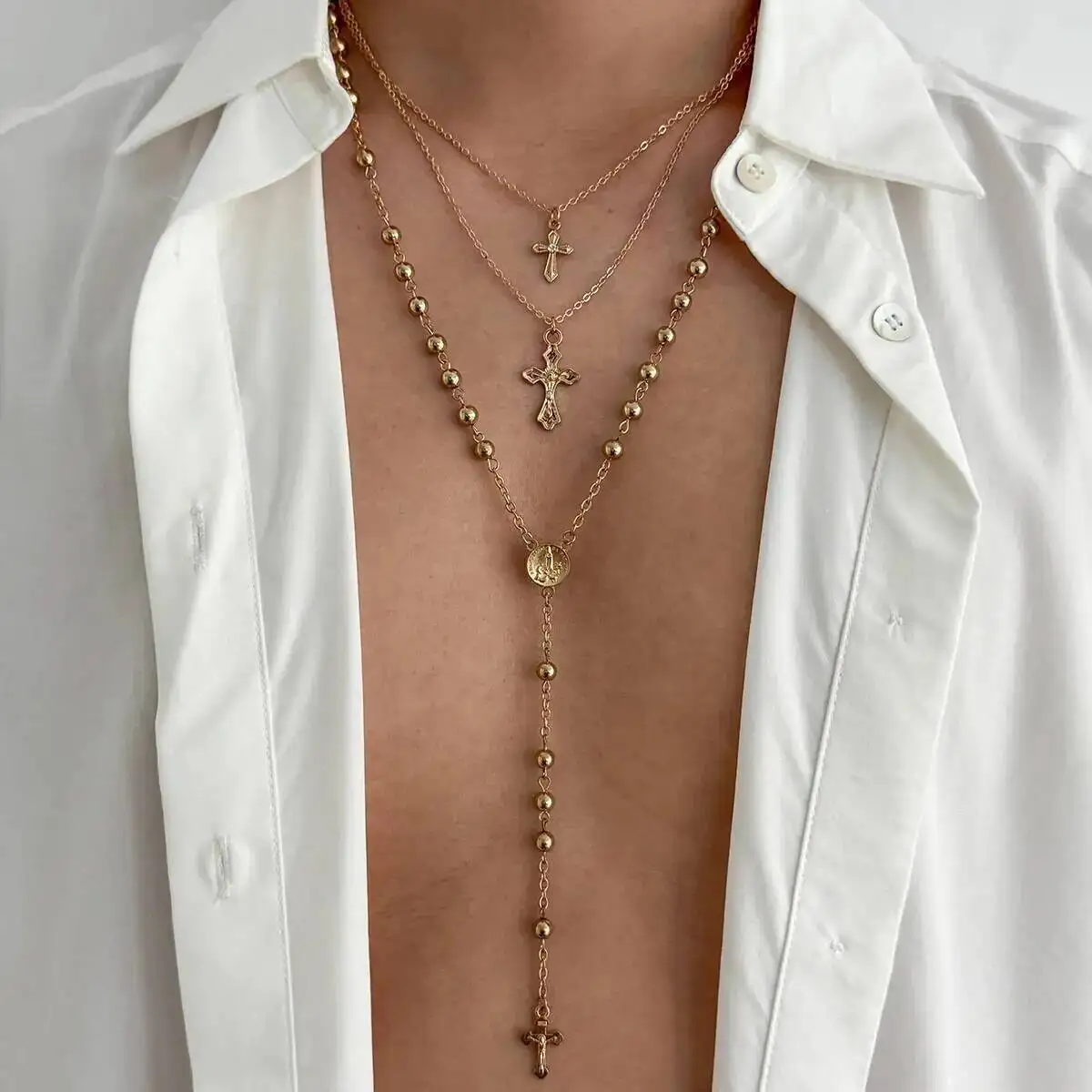 

Salircon 3Pcs/Set Vintage Punk Jesus Cross Pendant Choker Necklace Women Men Hip Hop Metal Clavicle Choker Party Jewelry Gifts