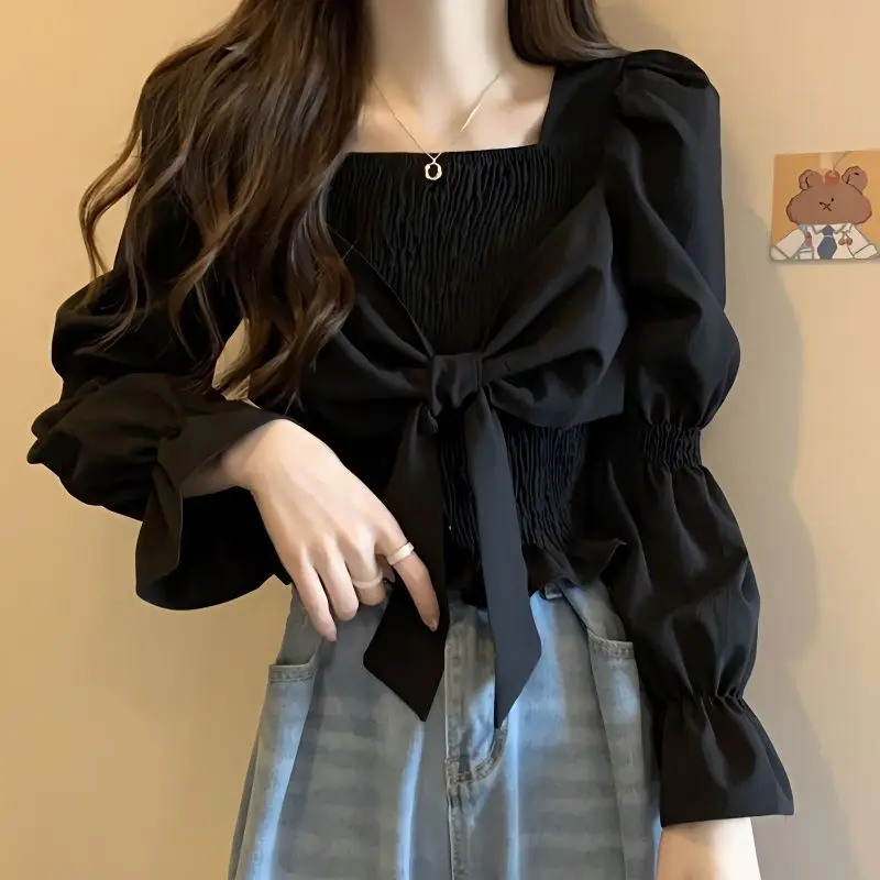 Women\'s Square Collar Long Sleeve Shirts, Elegant Slim Tops, Monochromatic Bow Pleated, Casual Clothes, New Style Fashion