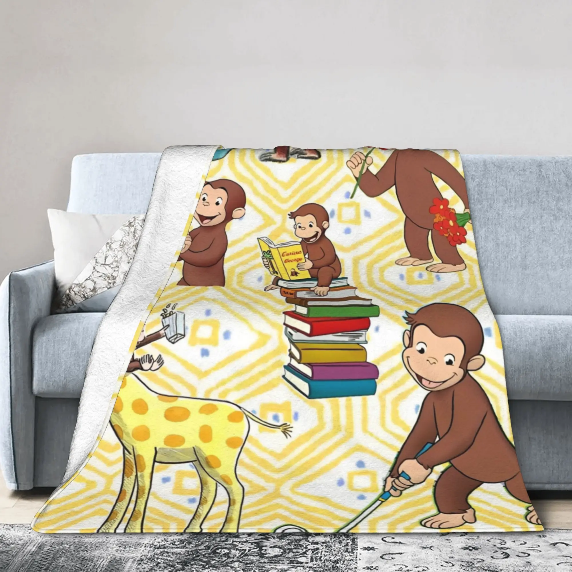 Curious George Cartoon Monkey Knitted Blanket Flannel  Ultra-Soft Throw Blankets for Airplane Travel Bedroom Quilt