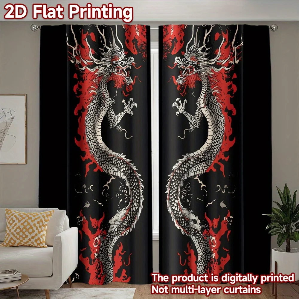 

2pc Japanese Dragon Curtains – Black & Red, Light-Filtering Rod Pocket for Living Room, Bedroom & Kitchen (Rod Not Included)