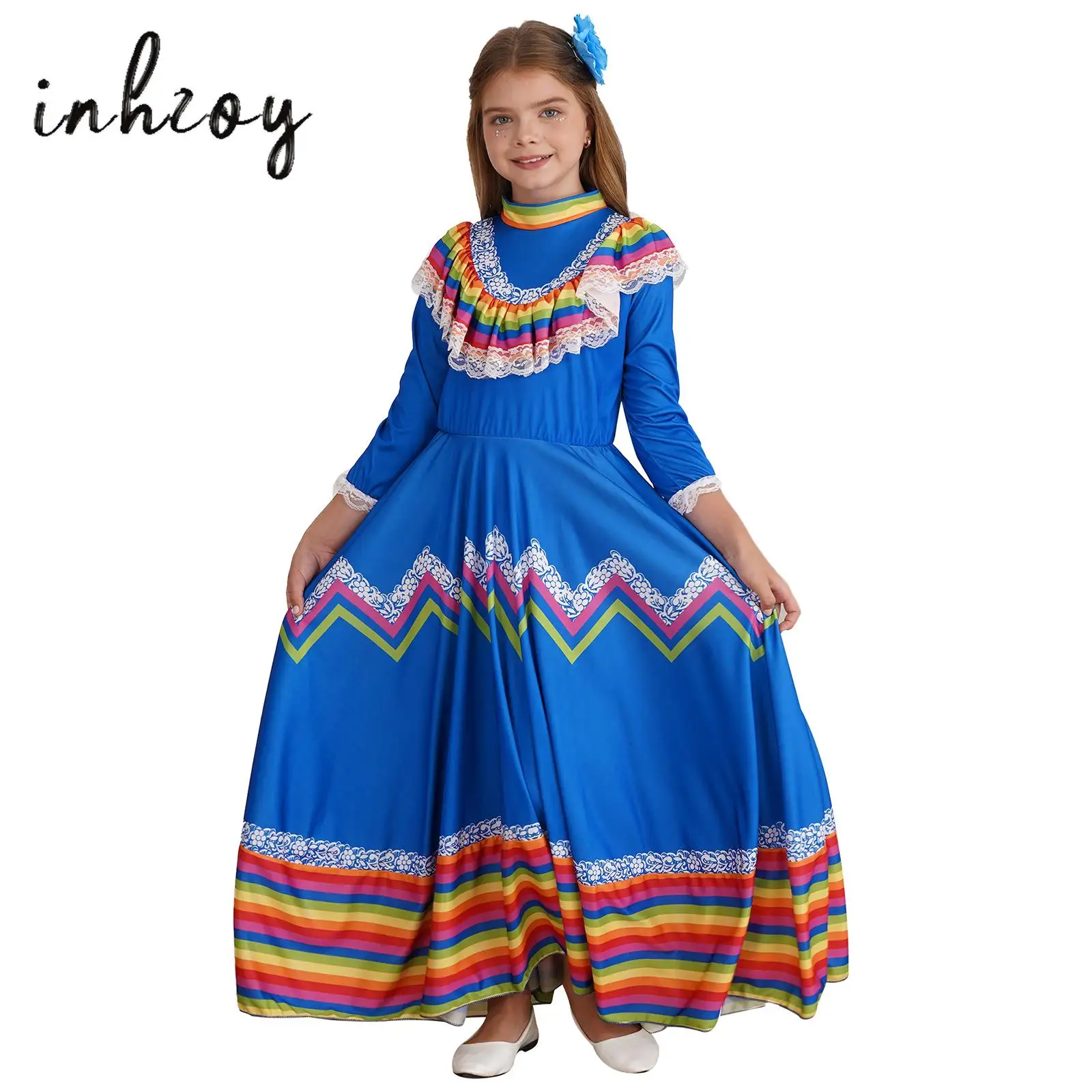 

Kids Girls Mexican Traditional Dress National Dance Halloween Carnival Lace Ruffle Colorful Stripe Dress+Flower Hair Clip Set