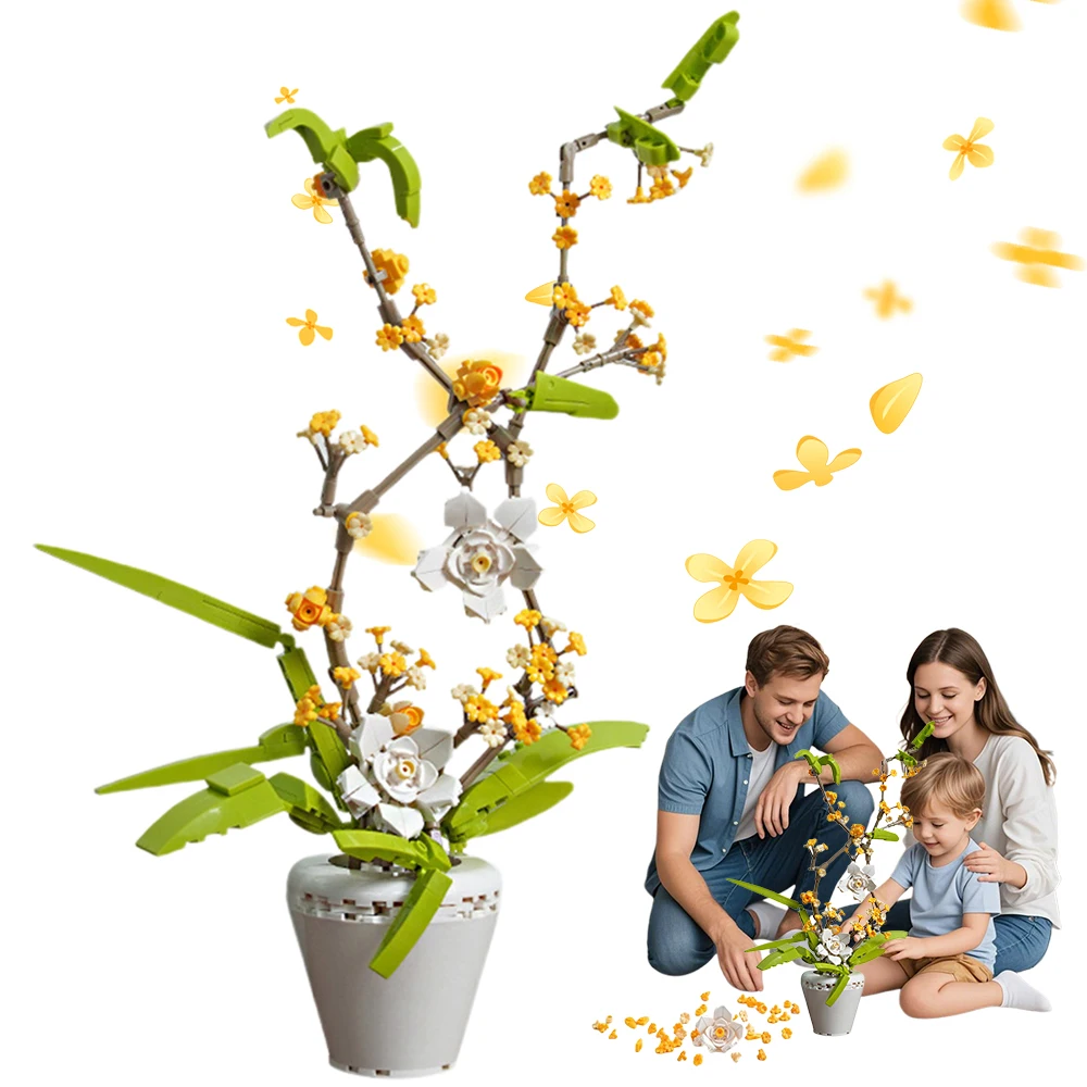Blocs de construction en forme de fleur d'osmanthus – Plastique de haute qualité, bords lisses – Structure stable compatible avec les grandes marques – Cadeau de décoration intérieure à faire soi-même