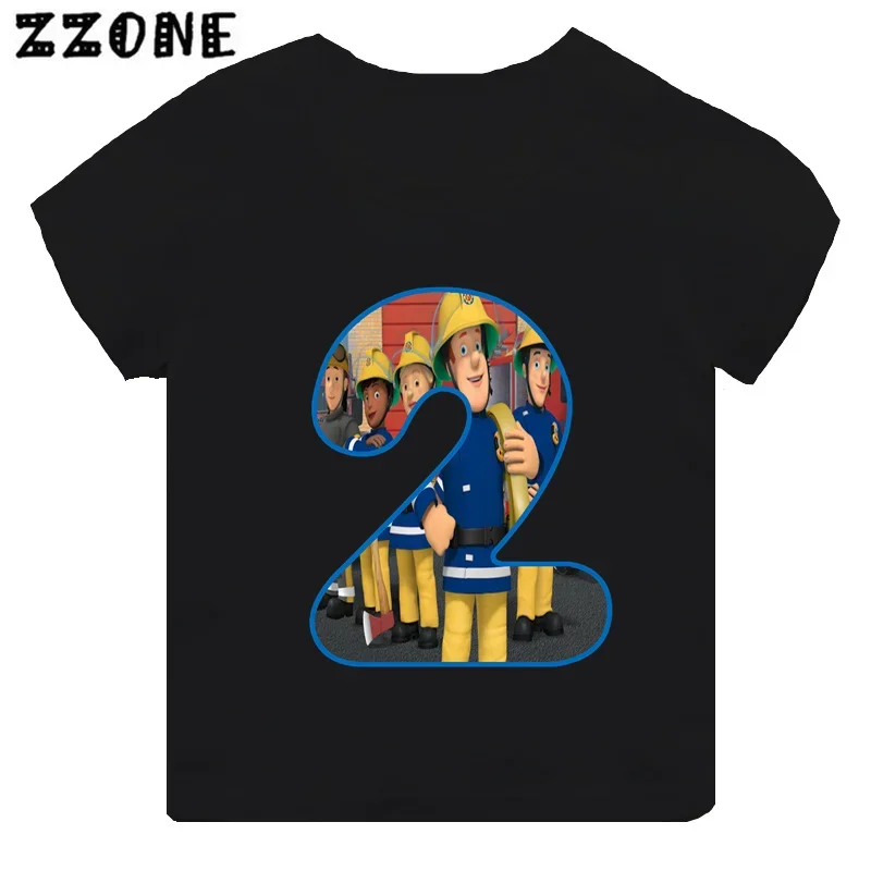 Fireman Sam Firefighter Print Cartoon Boys Clothes 1 2 3 4 5 6 7 8 9 Years Birthday Number Kids T shirt Cute Baby Girls T-Shirts