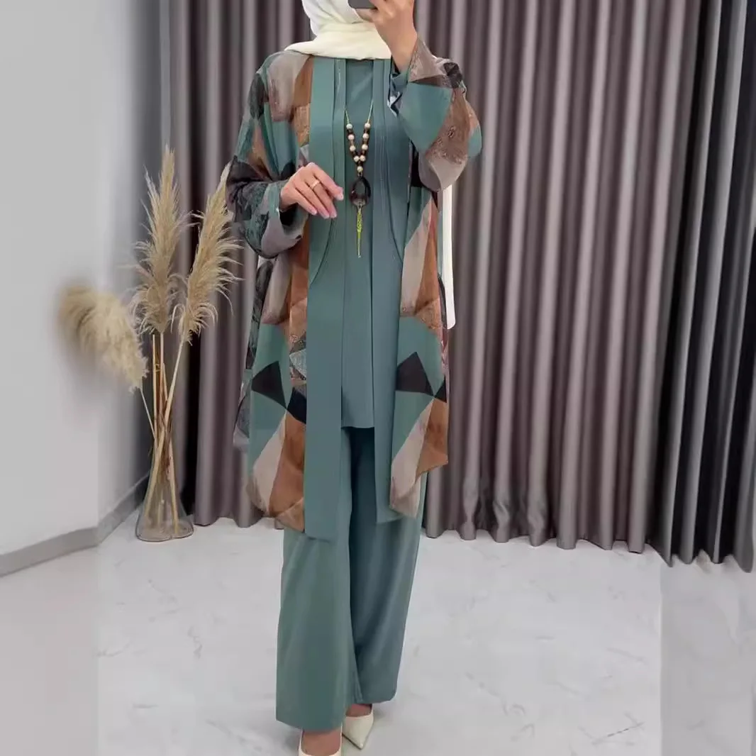 Eid Women Abaya 3 Piece Set with Pant Party Muslim Sets Caftan Robe Jalabiya Ramadan Morocco Dubai 2025 Musulman Ensembles