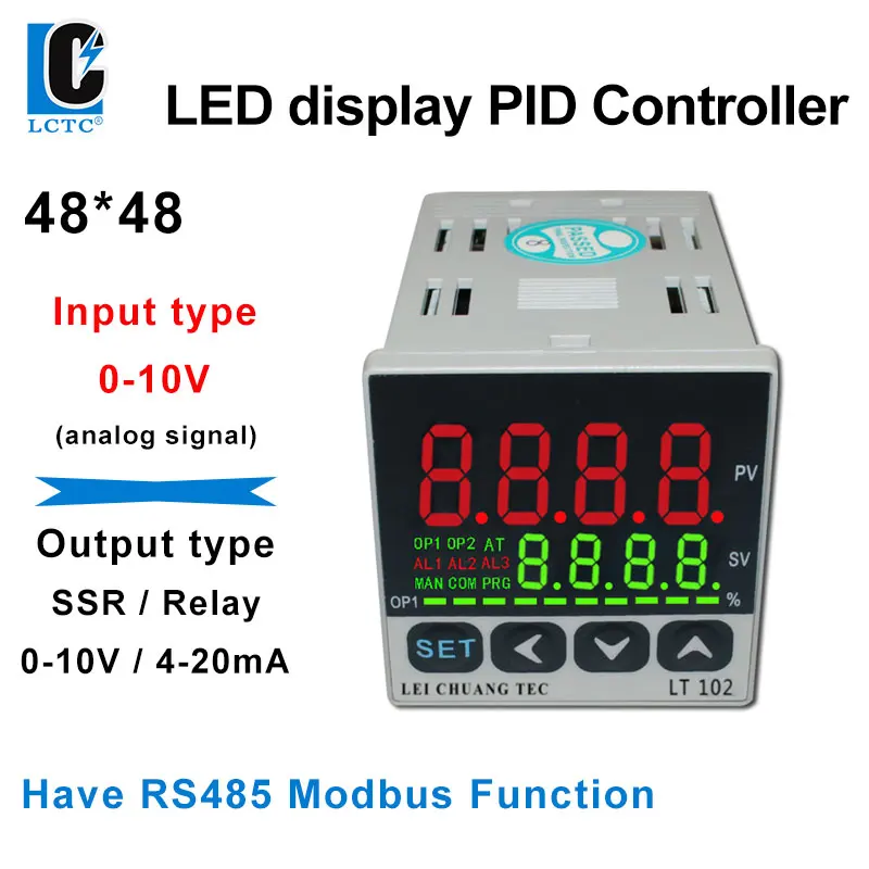 LCTC PID Regulator 0-10V Input PID Temperature Controller SSR/Relay/4-20mA/0-10V Output LED Thermometer Display 48*48 LT102